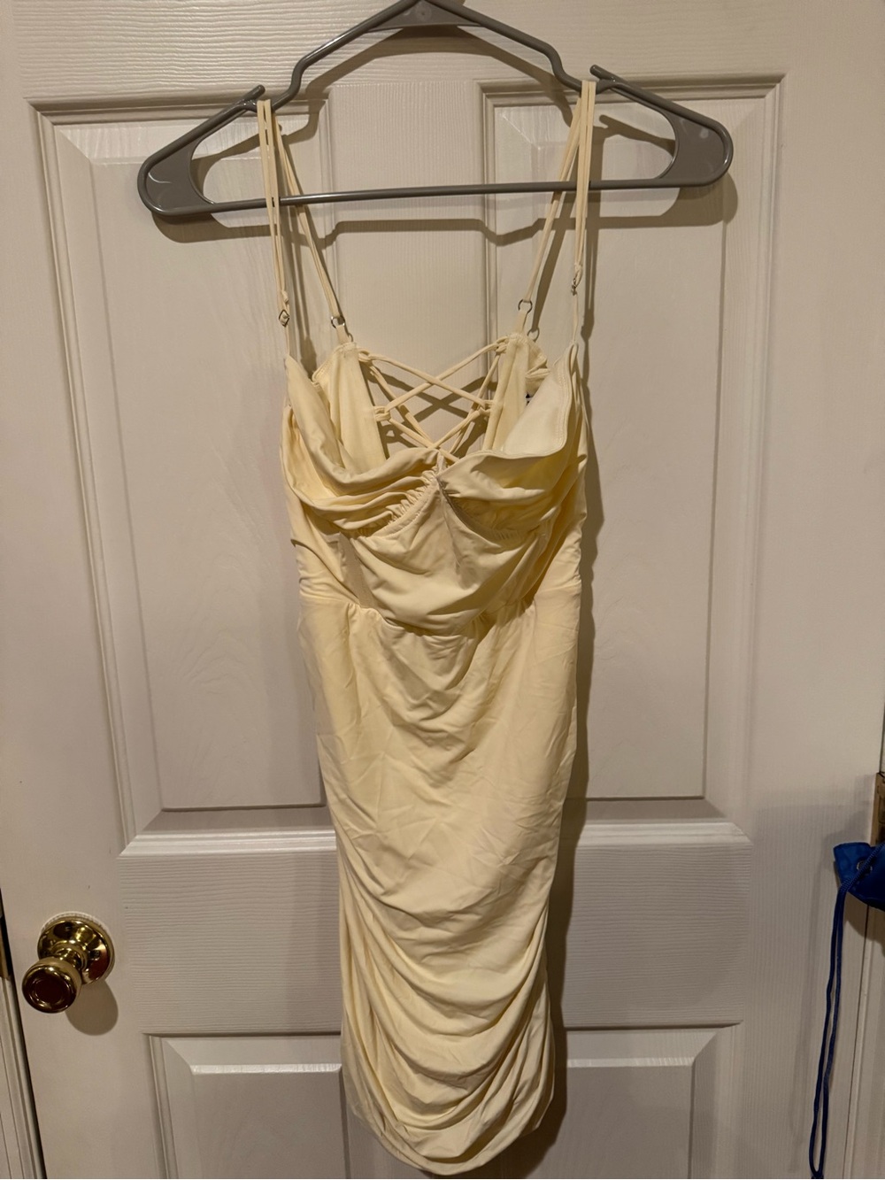 Lucy in the Sky Pale Yellow Strappy Ruched Mini Dress